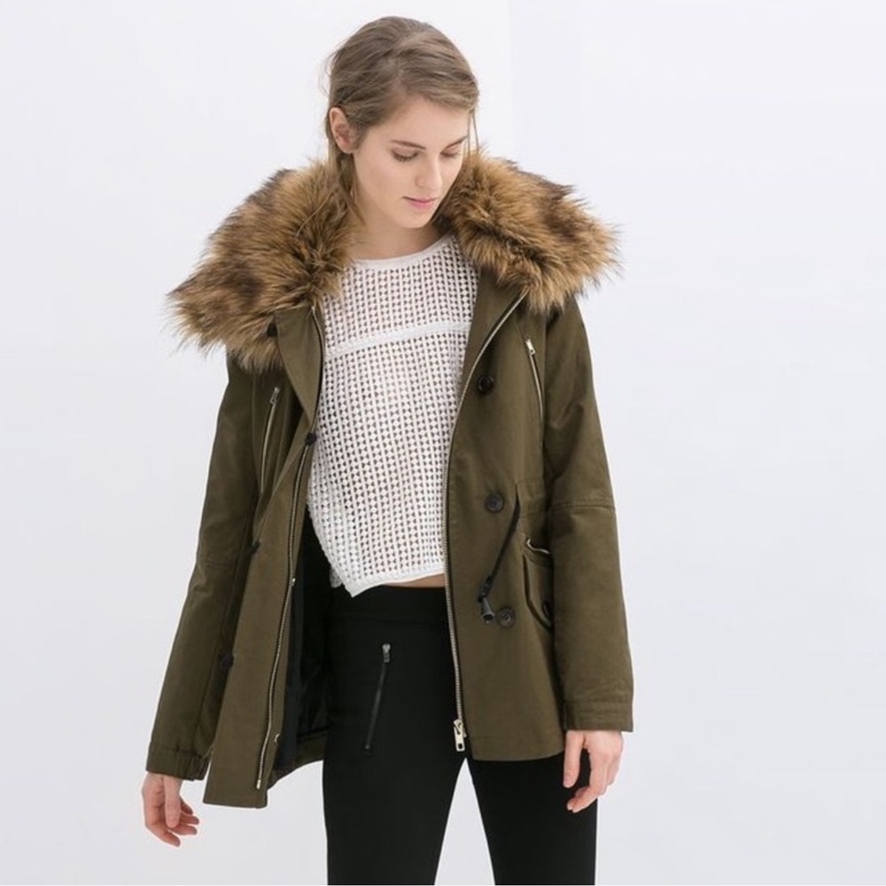🔥 Zara Khaki Faux Fur Hooded Parka XS Winter Puffer Coat | Military Green Jacket - Picture 2 of 10